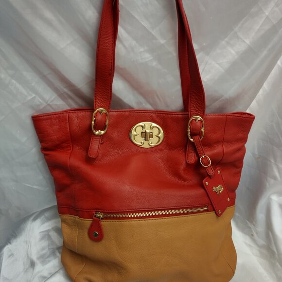 * Emma Fox Beautiful LEATHER Handbag LARGE Red Yellow Brown Huge Interior Gold - Picture 15 of 16